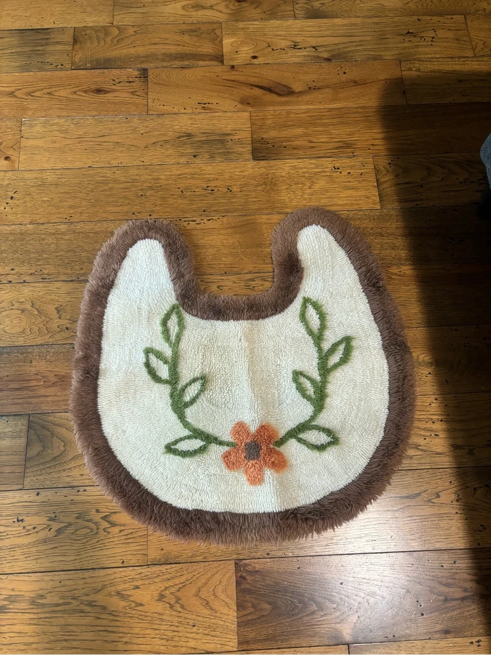 Vintage Cream Floral Contour Bath Rug with Brown Trim - Brown, Green, Orange